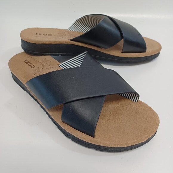 IZOD Sandals Black Tan Alyssa Criss Cross Slip On Open Toe Flats Womens 6 M - Picture 1 of 15